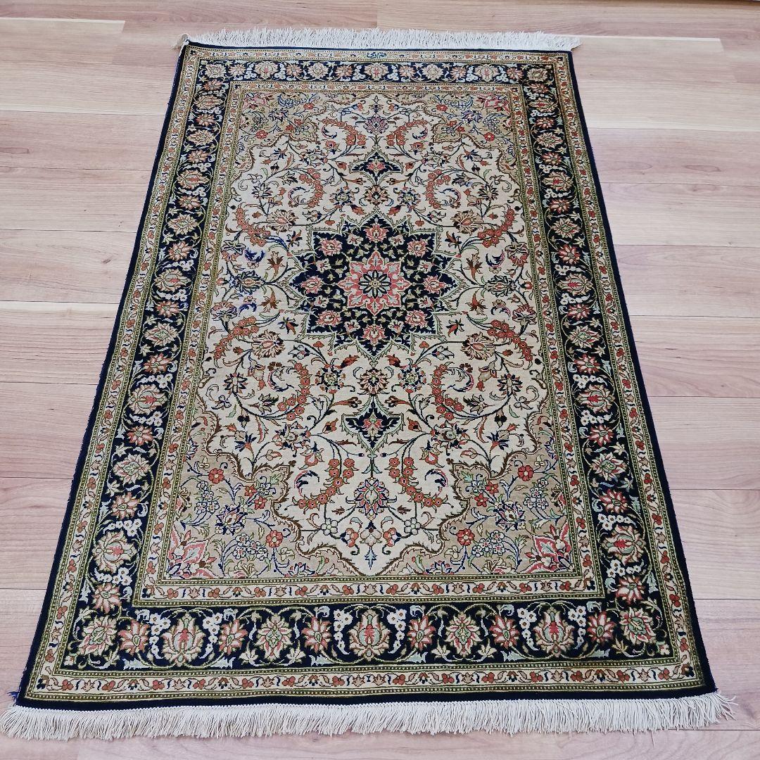 Y3283 高級ペルシャ絨毯 クム産 工房サイン シルク100% 手織り