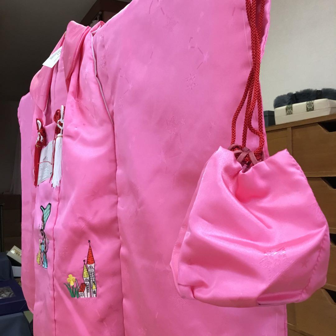 【新品長期保管品】七五三用ピンク着物 被布　巾着　セット　3歳　レトロ　派手