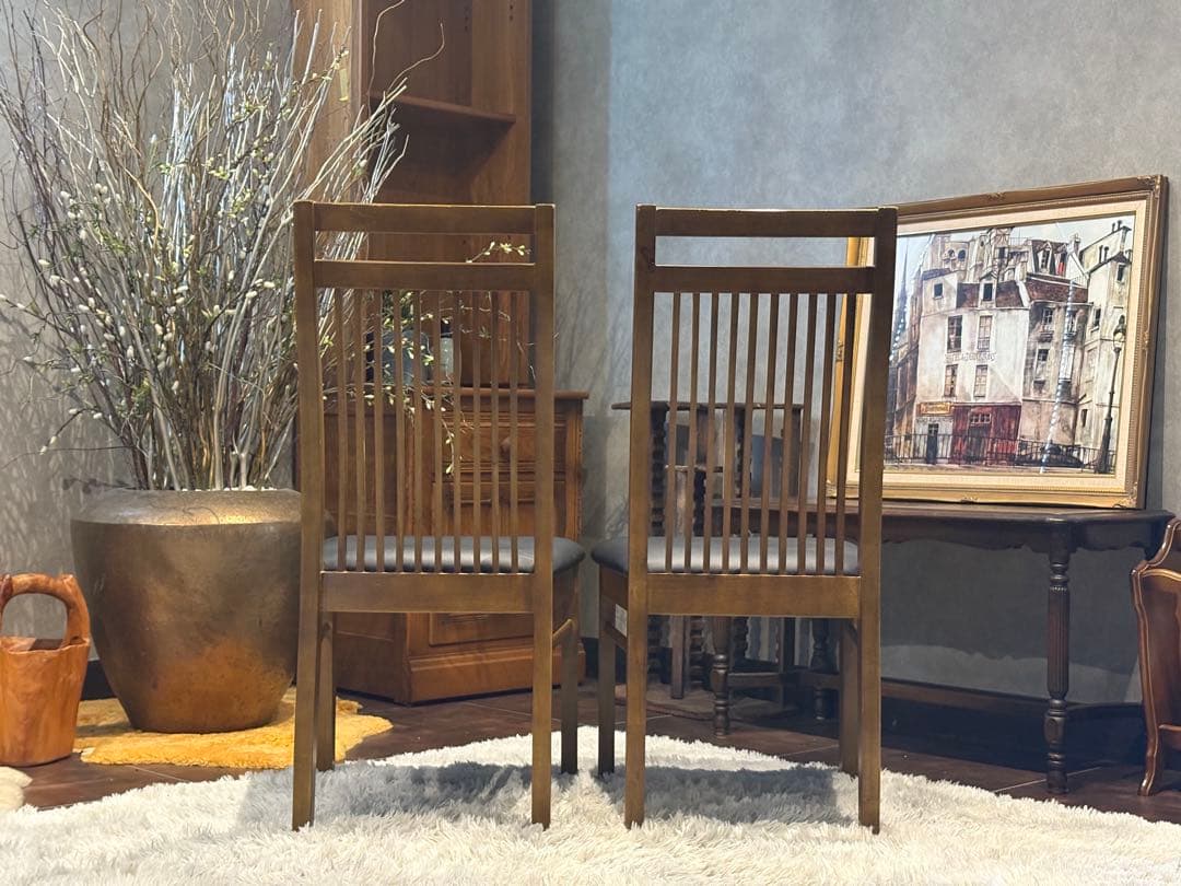 IDC 大塚家具 ダイニング リビングチェア ブラックレザー ビンテージ H