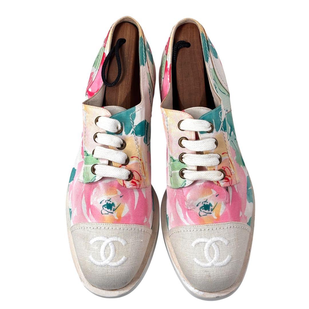 シャネル CHANELフラワー柄 レースアップシューズ 38 ※難あり