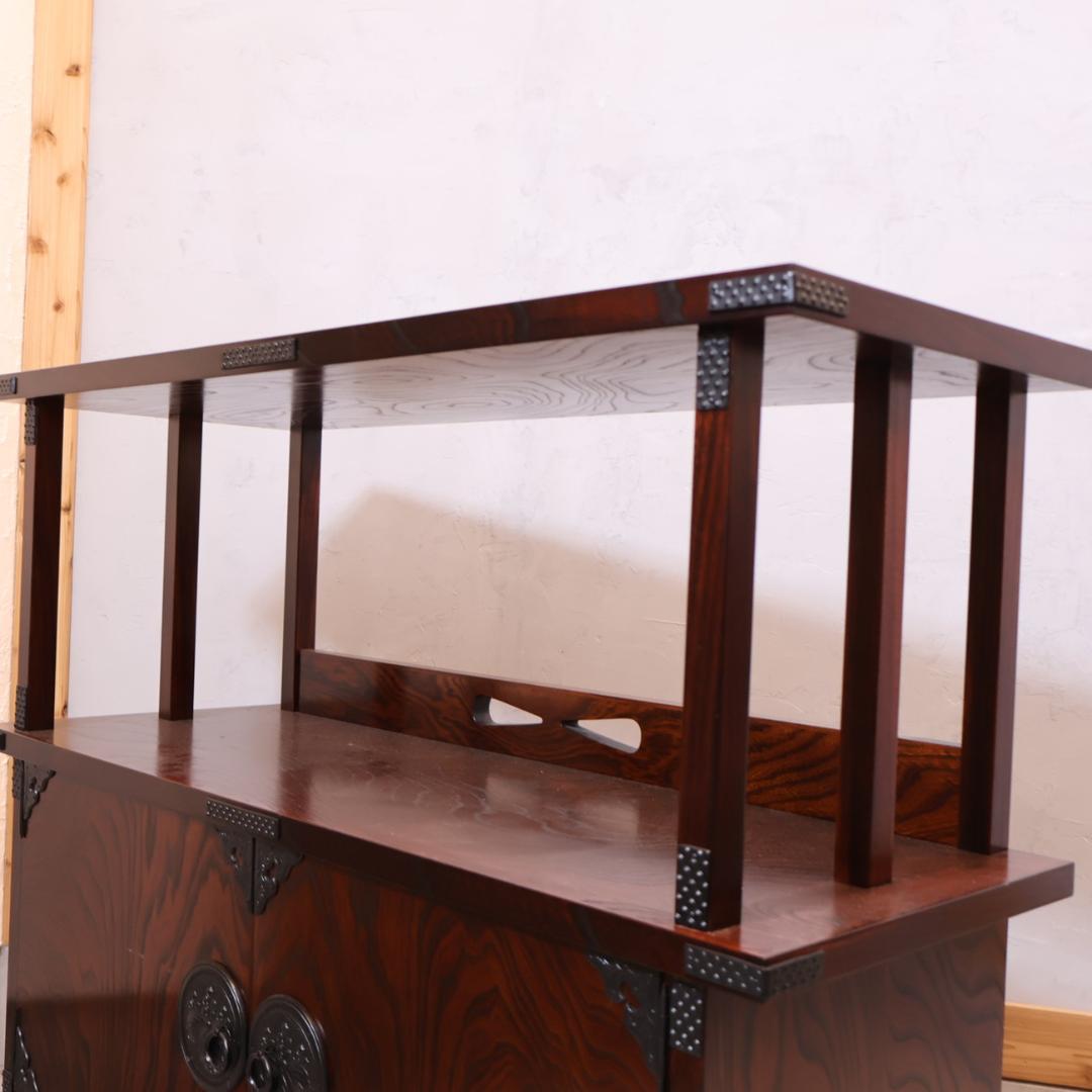 岩谷堂箪笥 欅材 茶棚 漆塗り 桐紋様 南部鉄器 サイドボード 飾り棚 茶箪笥