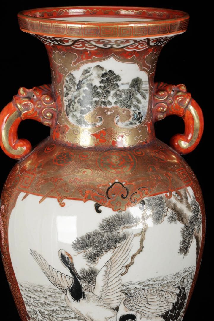 【九谷焼 大日本九谷造】金襴手赤絵金彩 龍双耳飾壺 花瓶 人物松鶴花鳥図 古美術