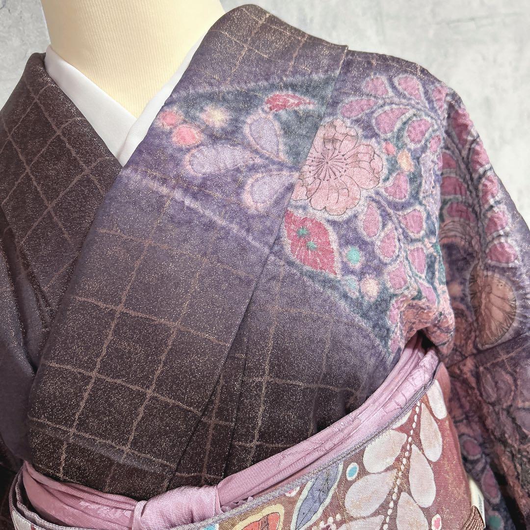 訪問着フルセット　辻ヶ花　着物　正絹　銀通し　豪華　華やか　紫　しぼり