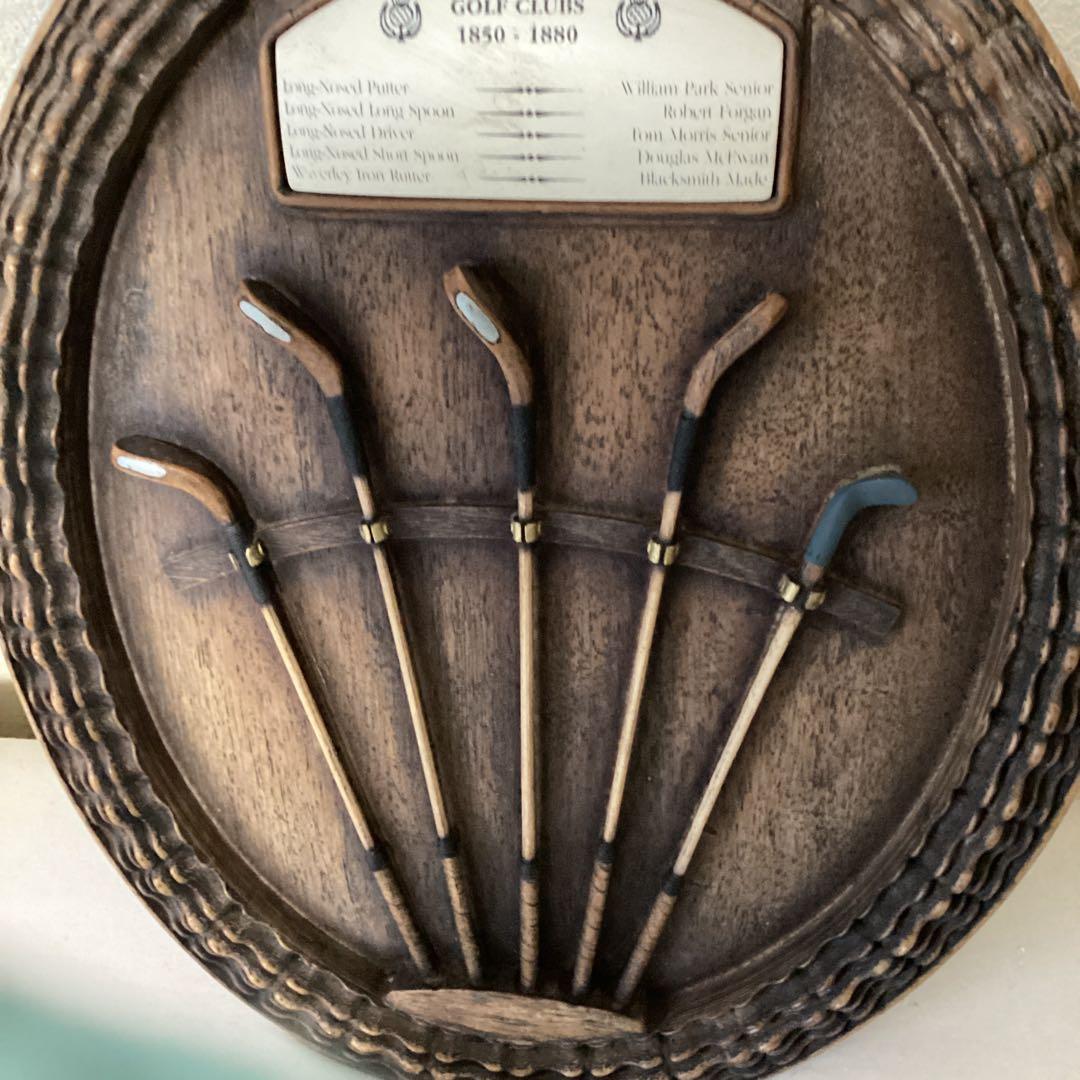 英国製アンティーク壁掛　レトロ　木製ゴルフクラブ手作り彫刻５本　ゴルフヘリテイジ