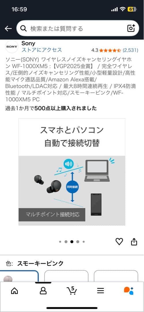 Sony WF-1000XM5 ワイヤレスイヤホン スモーキーピンク