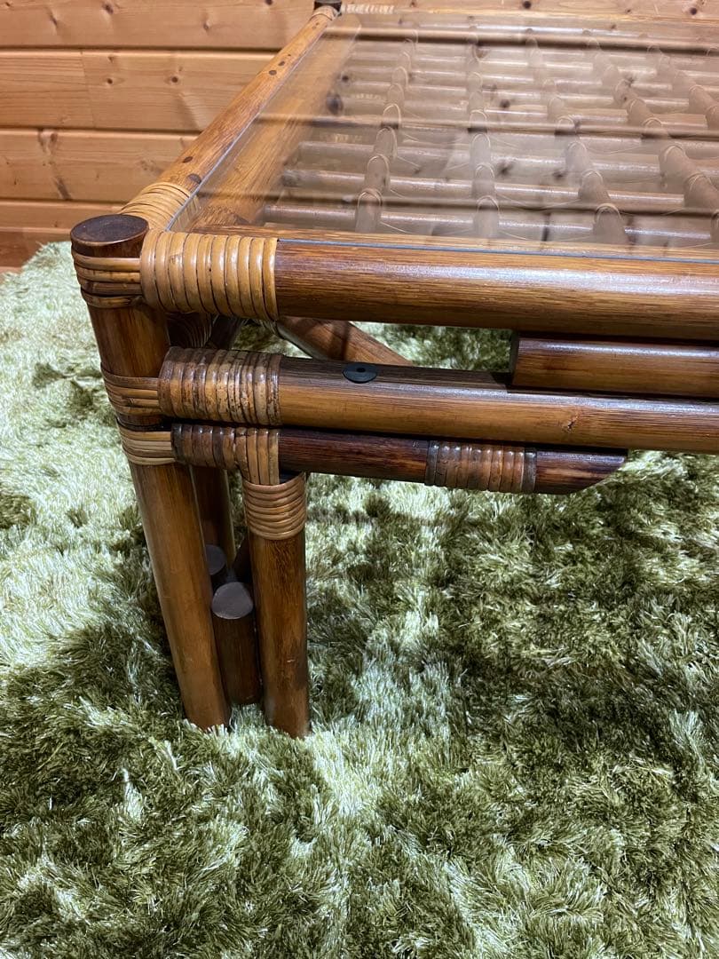 美品　ラタンガラステーブル　ラタンテーブル　ガラステーブル　センターテーブル