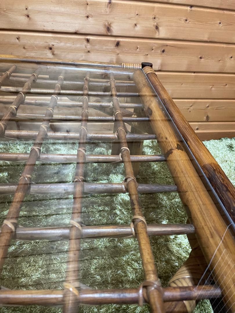 美品　ラタンガラステーブル　ラタンテーブル　ガラステーブル　センターテーブル