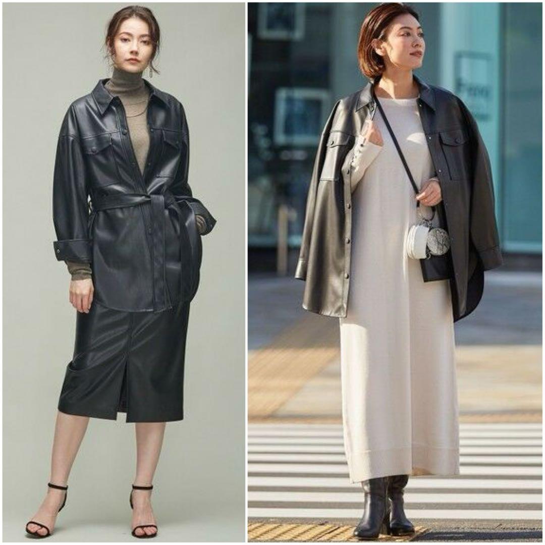 美品 ICB 洗える L ベルト付 ブルゾン 黒 フェイクレザー ジャケット