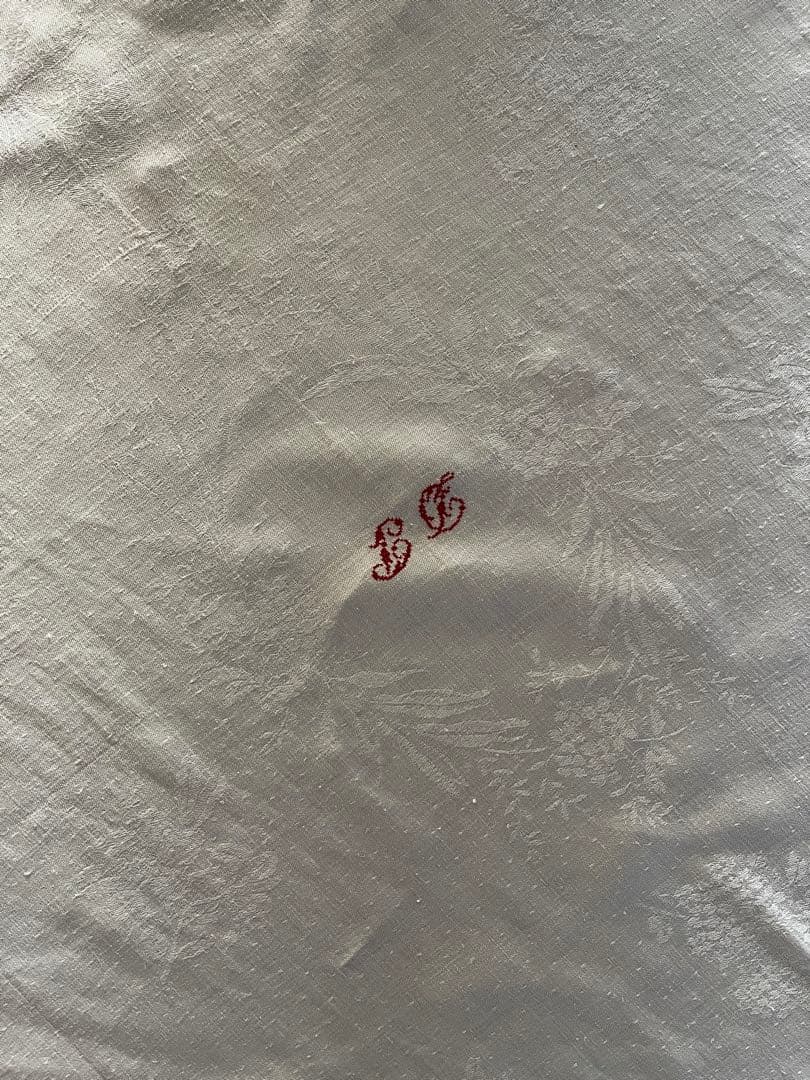 ◆フランスアンティーク｜大判リネン赤イニシャル刺繍テーブルマルチクロスダマスク織