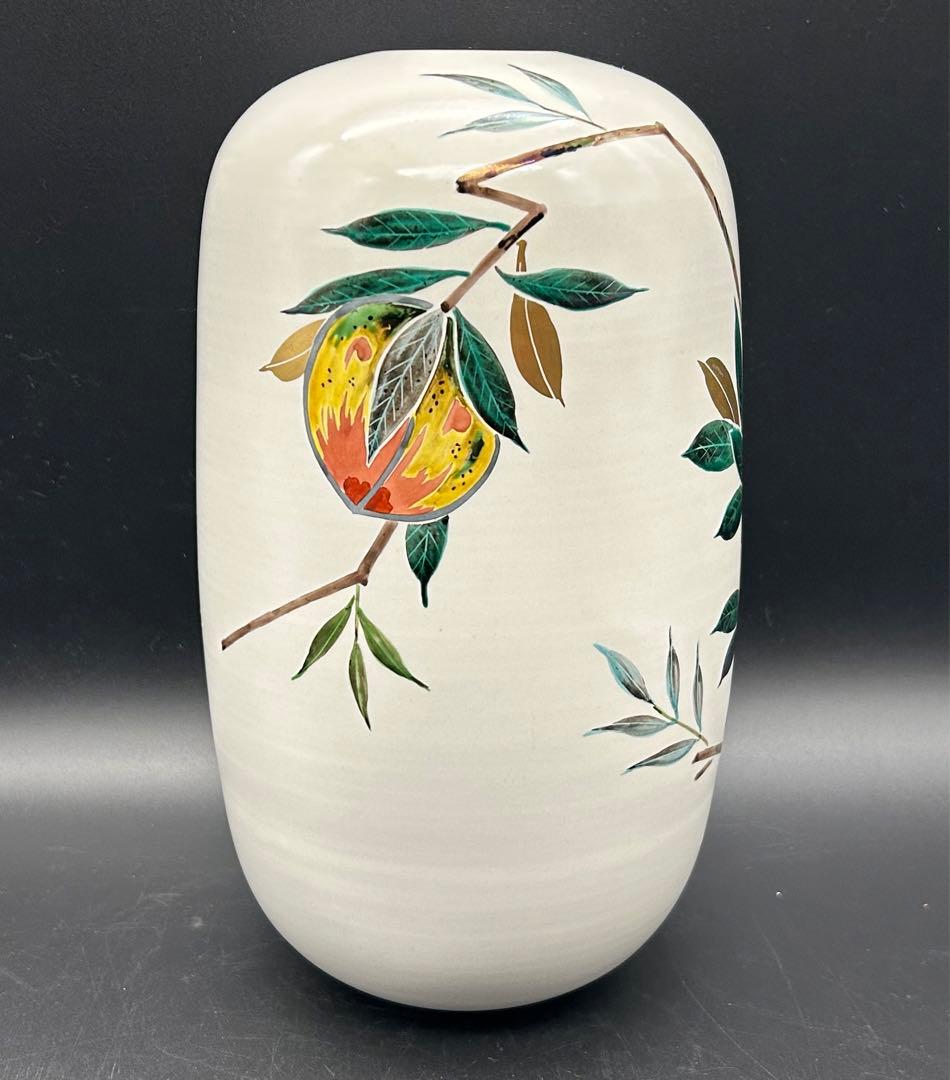 【希少】九谷焼　梶本太衛造　花瓶　青九谷釉彩桃之図　梶本太衛　工芸品