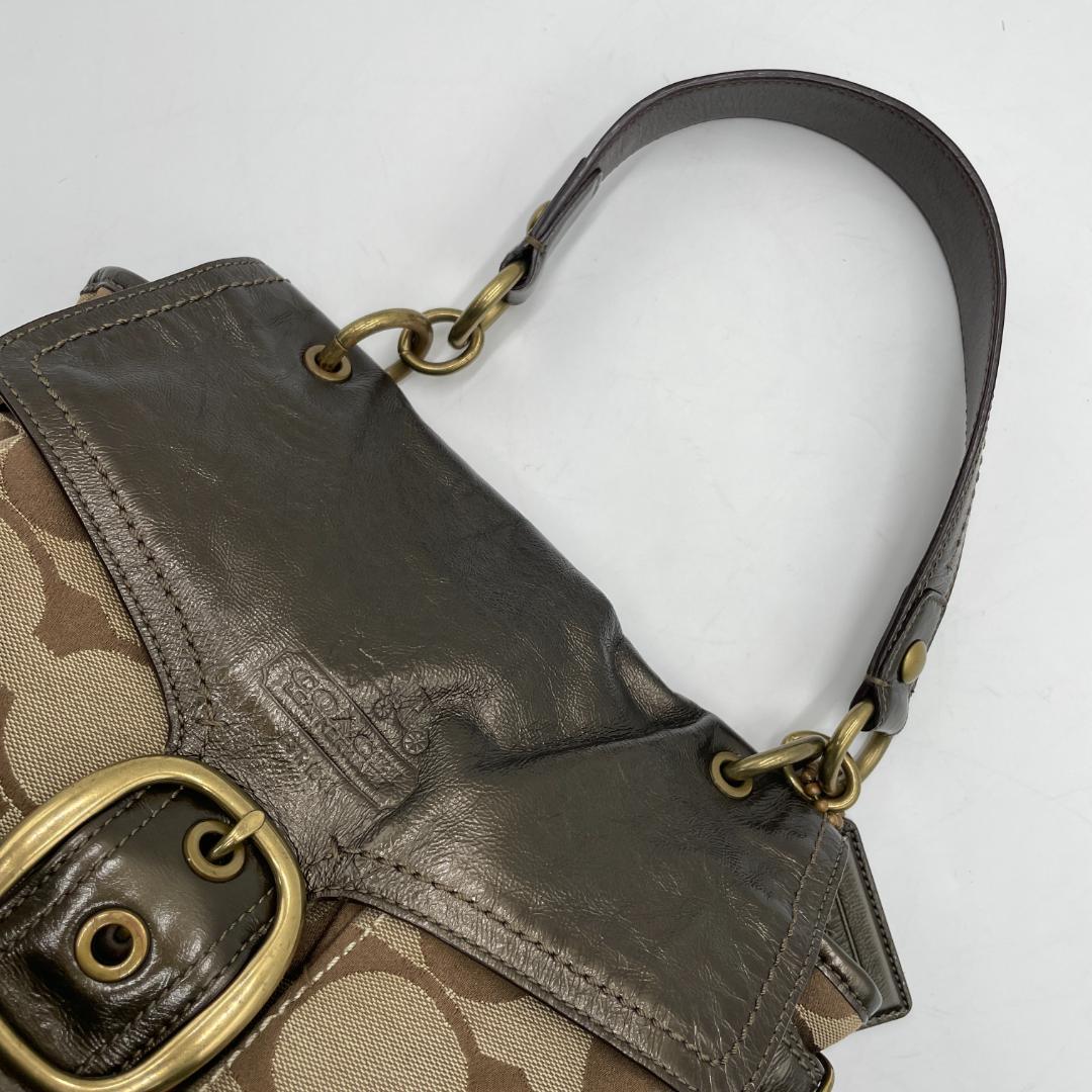 良品 COACH ショルダーバッグ キャンバス レザー ブラウン シグネチャー