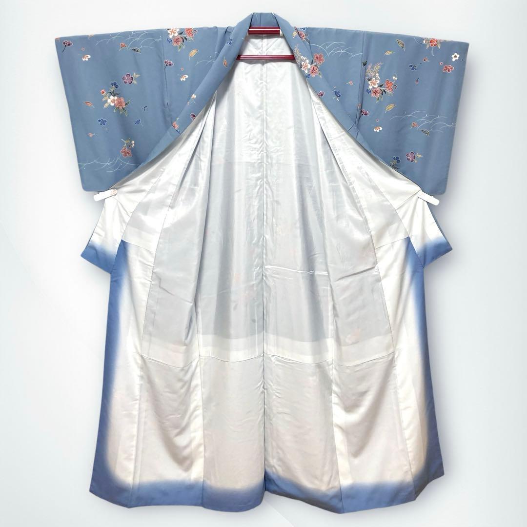 【美品✨】東レシルック　洗える着物　小紋　浅葱鼠色　吹き寄せ風　手縫い仕立てM6