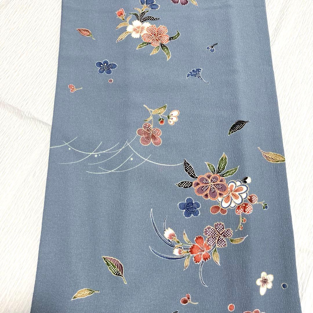 【美品✨】東レシルック　洗える着物　小紋　浅葱鼠色　吹き寄せ風　手縫い仕立てM6