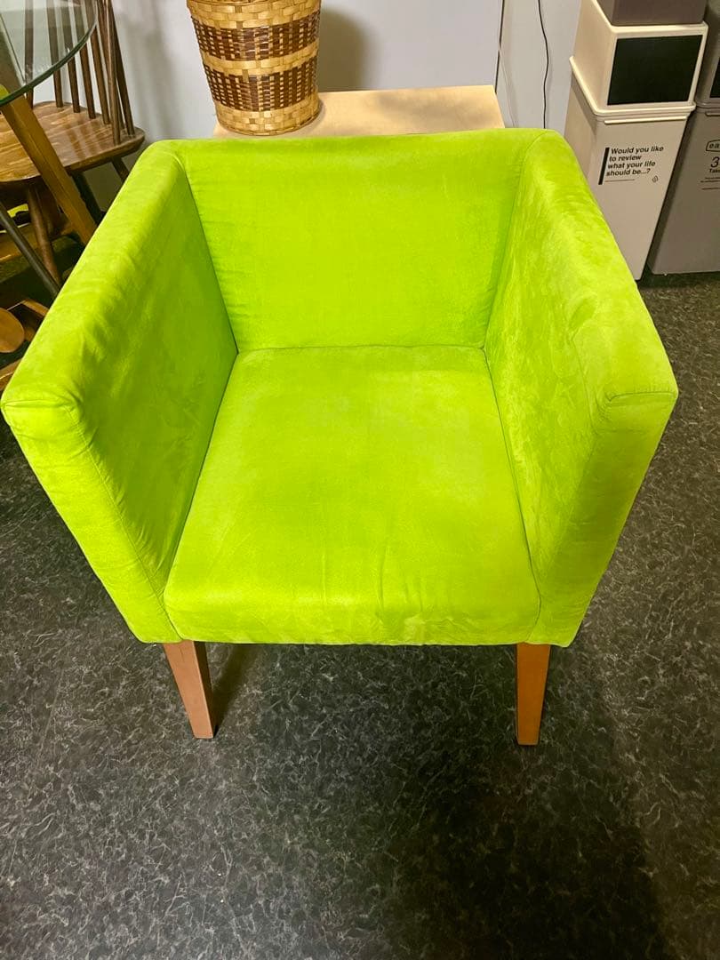 ①グリーン ソファー 椅子 1人がけ スウェード生地 オシャレ