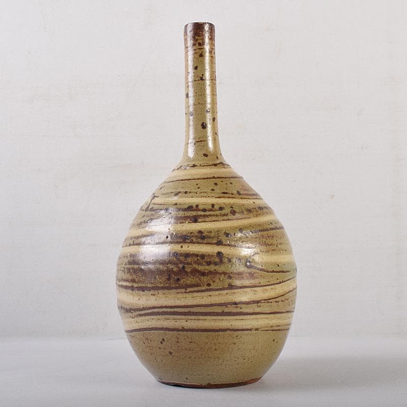 河井寛次郎作　鶴首　灰釉瓶子　共布共箱　M R8846