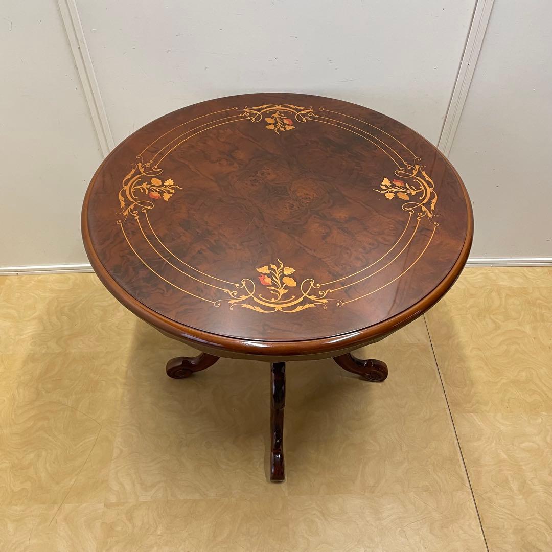 イタリア 丸テーブル 猫脚 象嵌 彫刻 ダイニングテーブル 円形 アンティーク