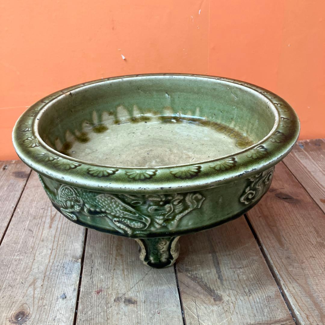 D-壁 盆栽鉢 睡蓮鉢 メダカ鉢 水盤 花器 陶器鉢 龍 雲龍 緑釉 貫入 アン