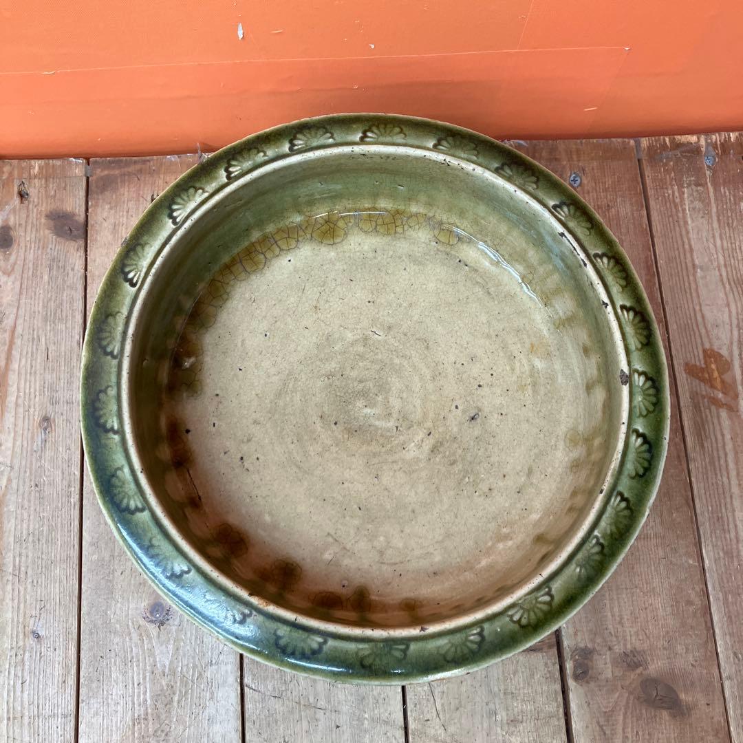 D-壁 盆栽鉢 睡蓮鉢 メダカ鉢 水盤 花器 陶器鉢 龍 雲龍 緑釉 貫入 アン