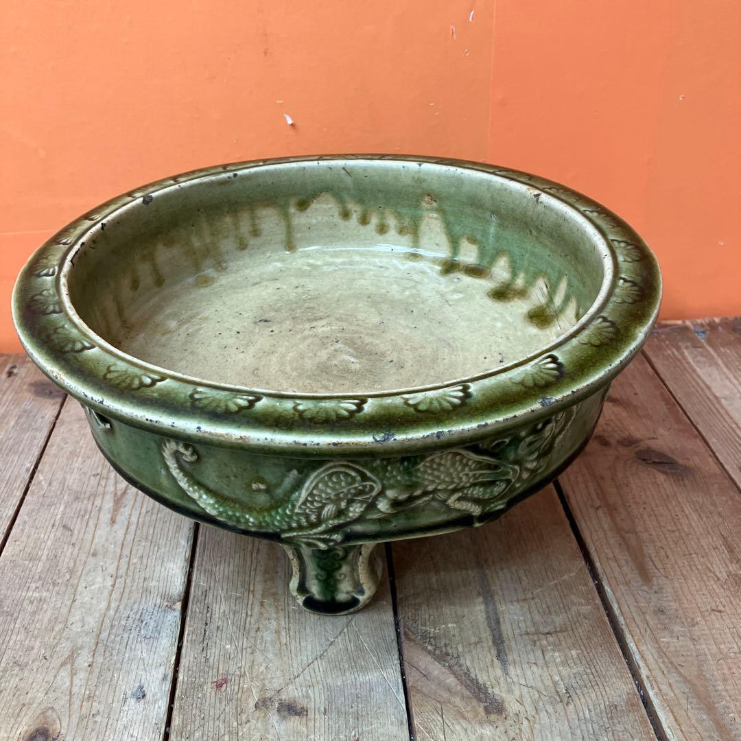 D-壁 盆栽鉢 睡蓮鉢 メダカ鉢 水盤 花器 陶器鉢 龍 雲龍 緑釉 貫入 アン