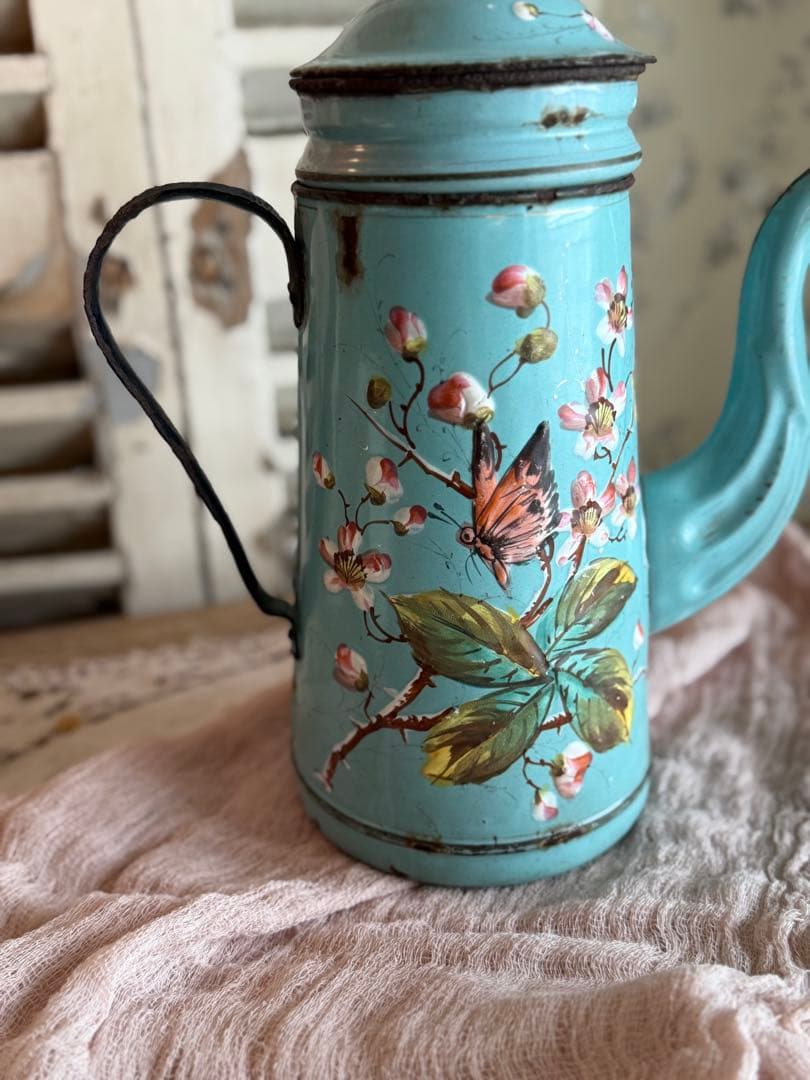 激レア！オールハンドペイントフランスアンティーク水色に小鳥柄のホーローポット