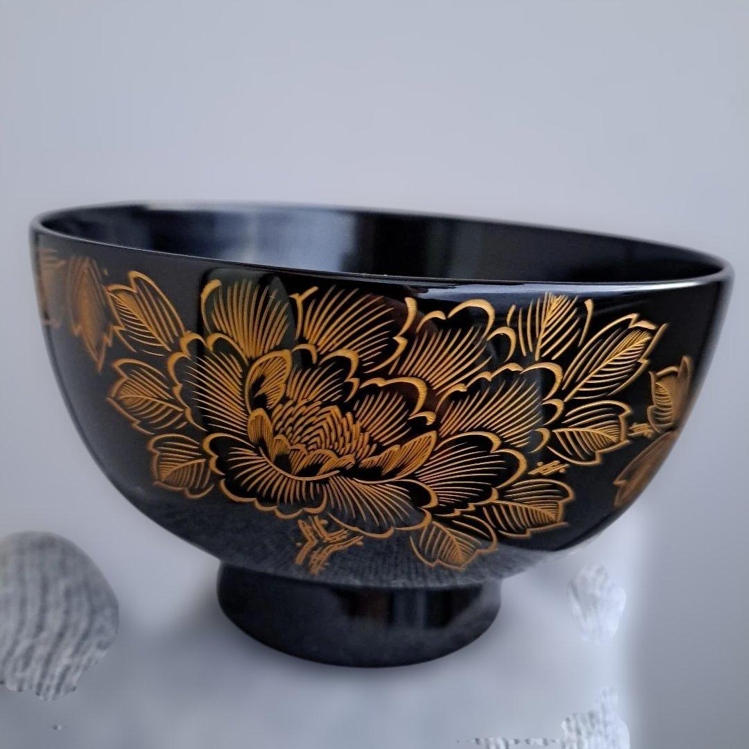 【輪島塗　沈金\"牡丹彫　御吸物椀×5客】布着本堅地　黒塗　未使用品