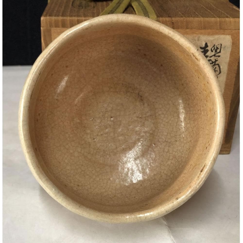 e2834 大樋焼 茶碗 奥蘭田 絵付 水仙図 抹茶碗 木箱入り 茶道具