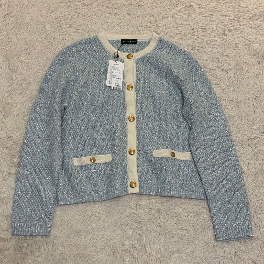 高島屋 未使用タグ付 カシミヤ ツイード 金ボタン ラメ ボレロ ノーカラー