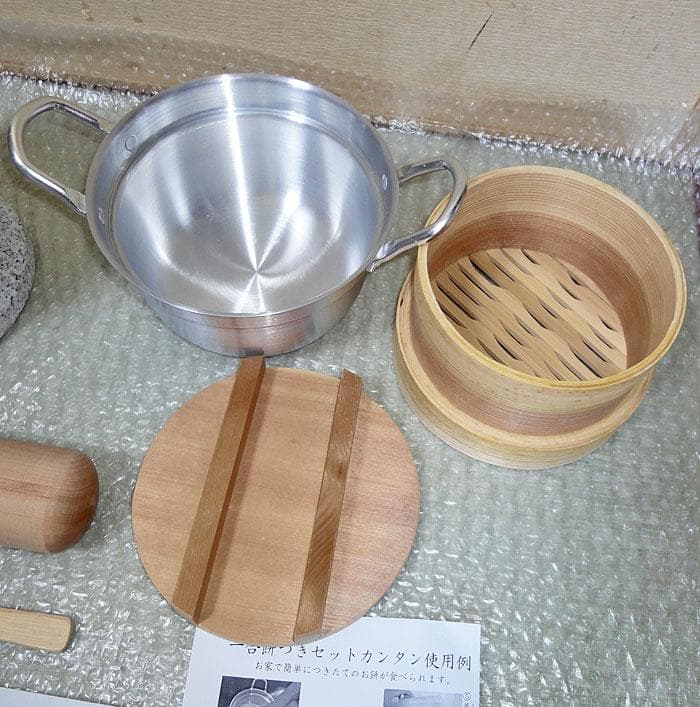 未使用　1合　餅つきセット　 天然御影石臼＋杵　ミニセイロ　鍋セット