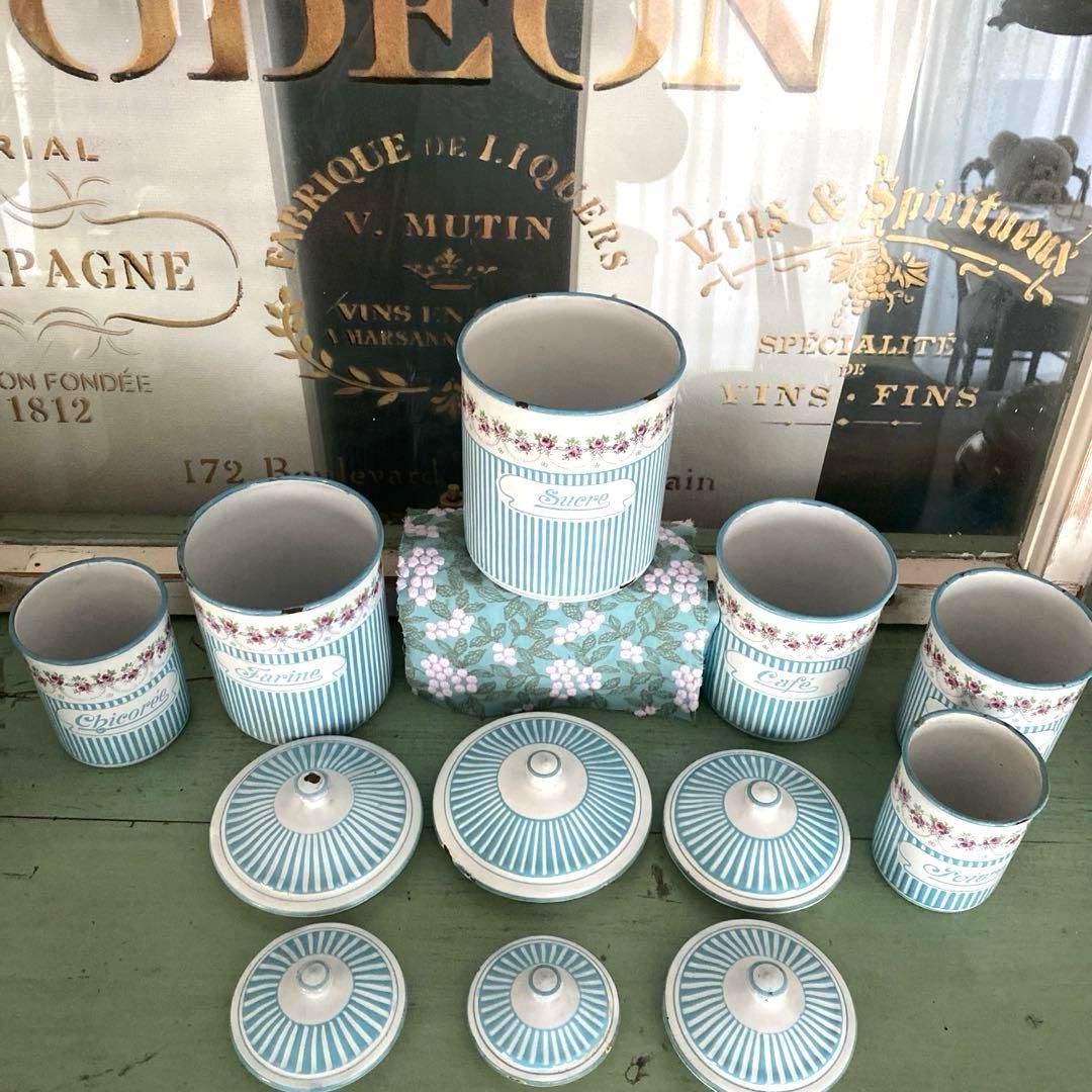 フランスアンティーク ホーロー キャニスター ローズバンド