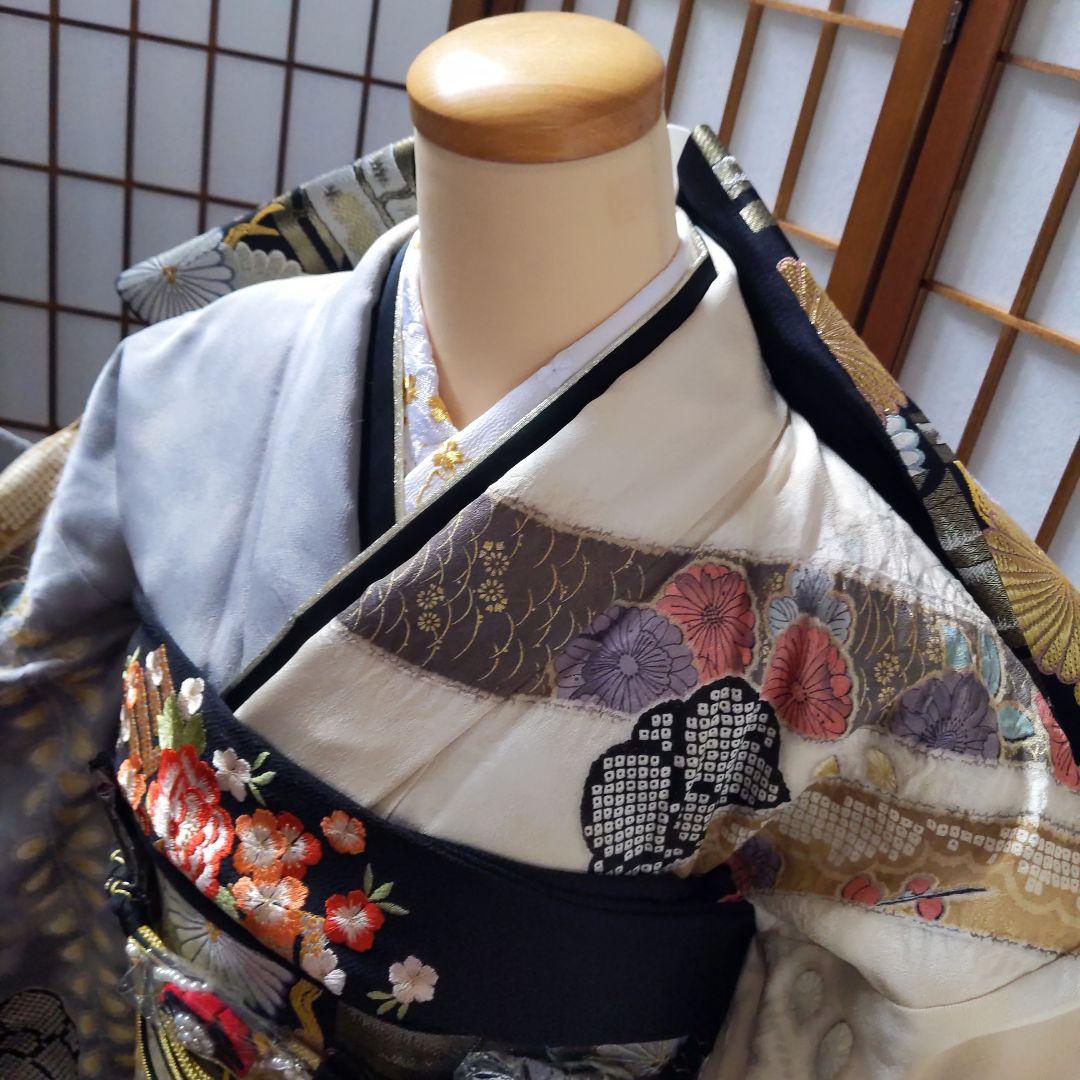 441やまと　金通し　絞り　クリーム灰正絹振袖6点フルセット成人式卒業式謝恩会