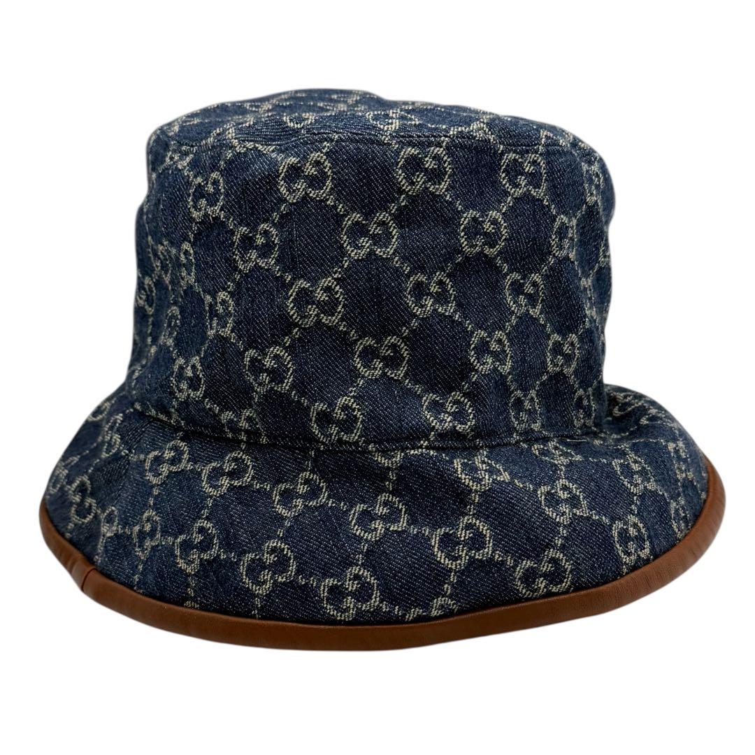 グッチ GUCCI GG柄 レザー切替デニムバケットハット バケハ L 59cm