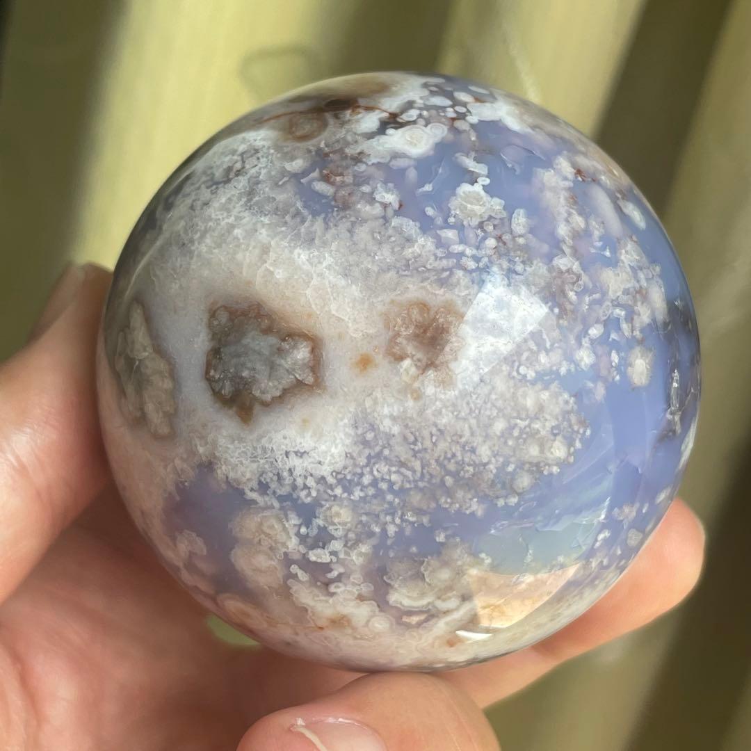64mm大きなブルー桜瑪瑙 スフィア 天然石 置物