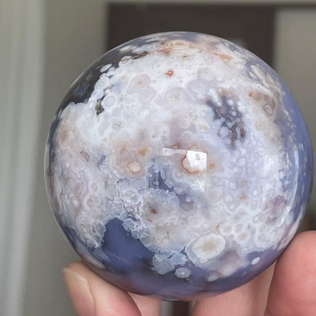 64mm大きなブルー桜瑪瑙 スフィア 天然石 置物