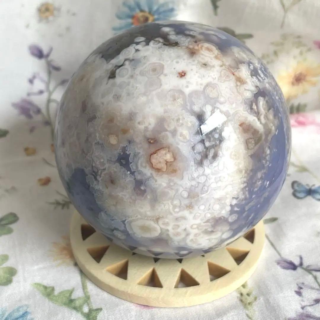 64mm大きなブルー桜瑪瑙 スフィア 天然石 置物