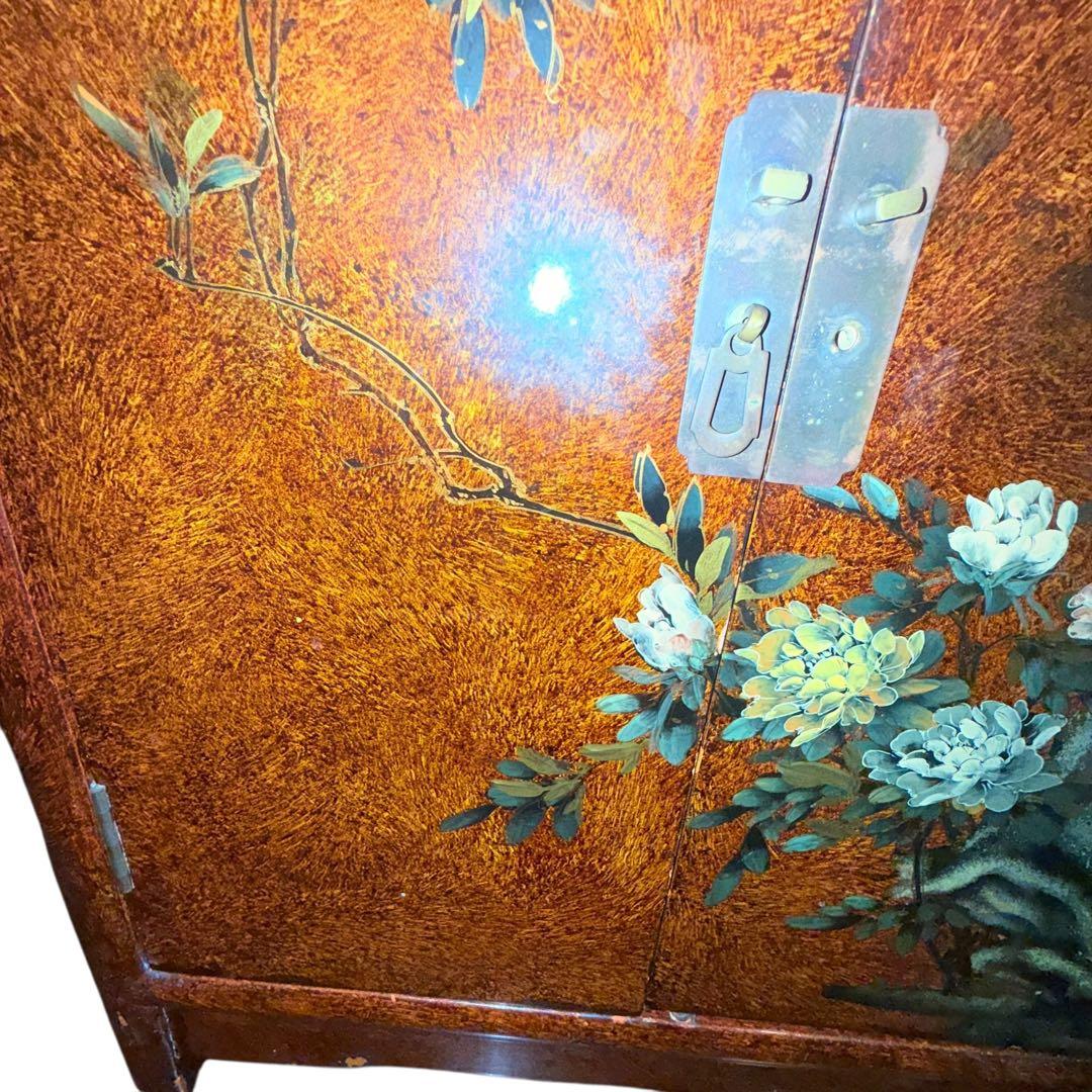 漆塗り調 花鳥図 和家具 収納棚 飾り棚 古家具 和モダン