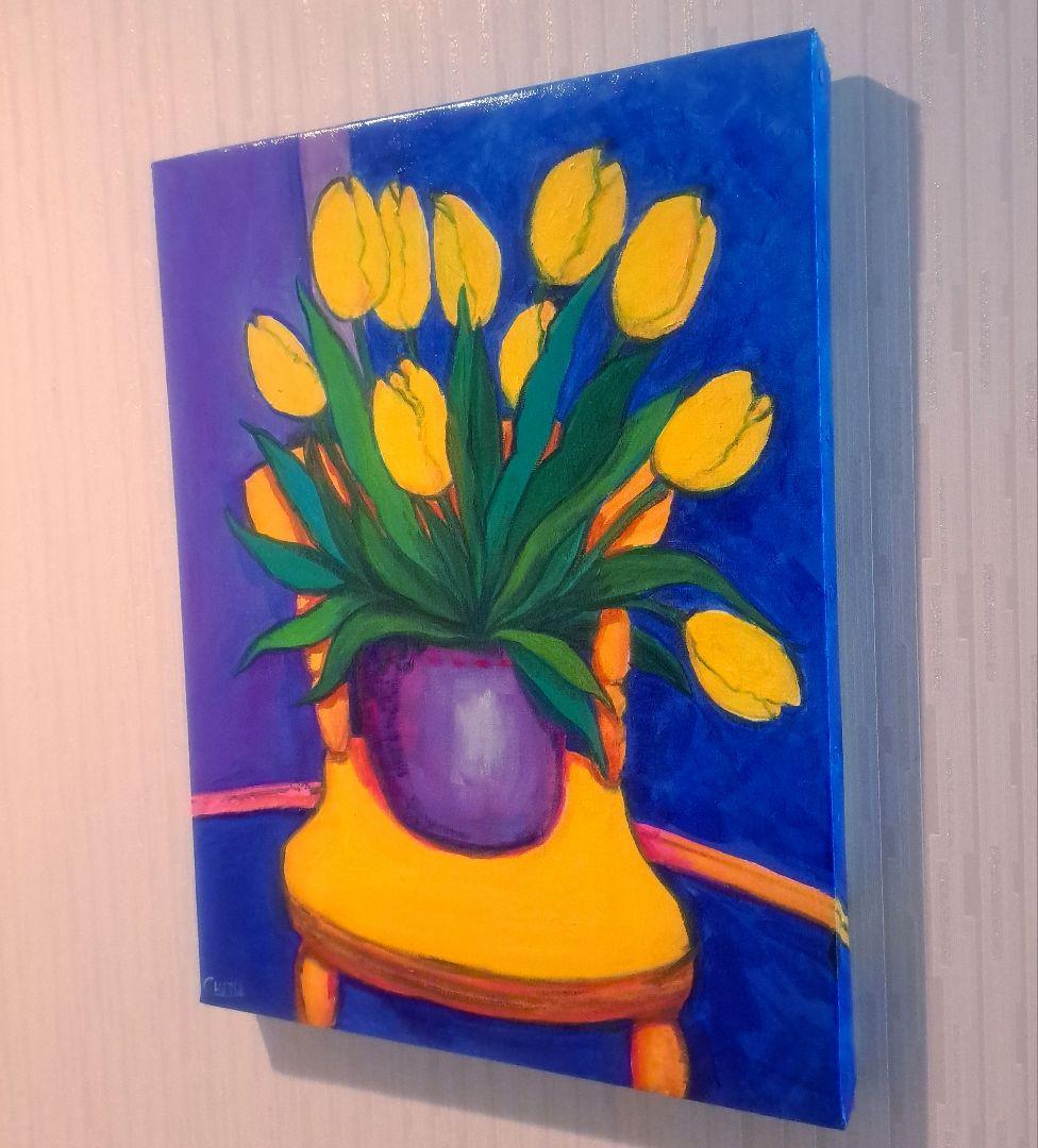 キャンバス油絵　黄色い椅子の上に置いた鉢植えの黄色いチューリップ他計2枚セット