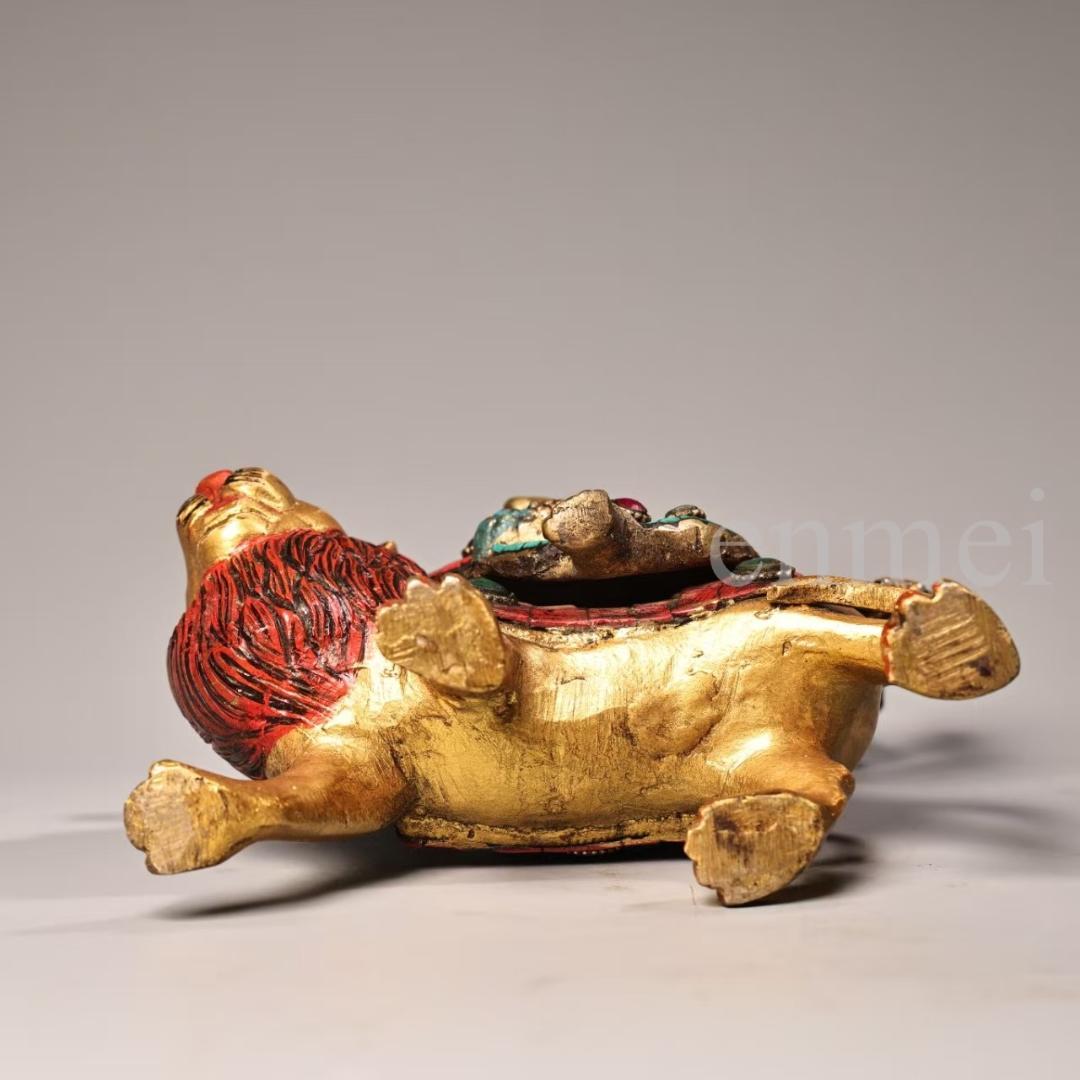 旧藏・ネパール仏教美術・六臂騎獅護法神像・宝石装飾・彩色描金・純銅製・仏像・風水