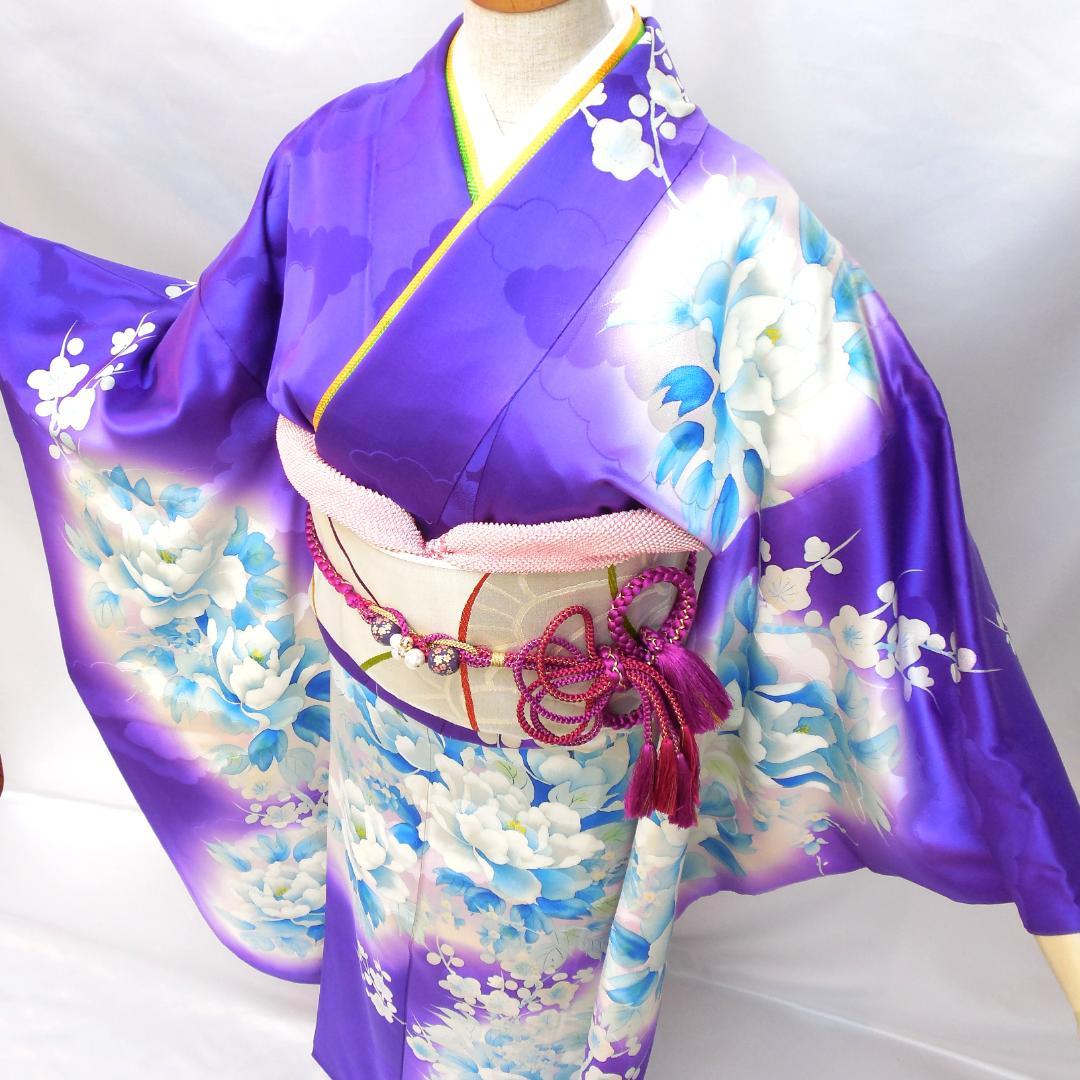 美品★振袖フルセット　正絹　振袖　７点　成人式　Sサイズ　パープル系　紫　花柄