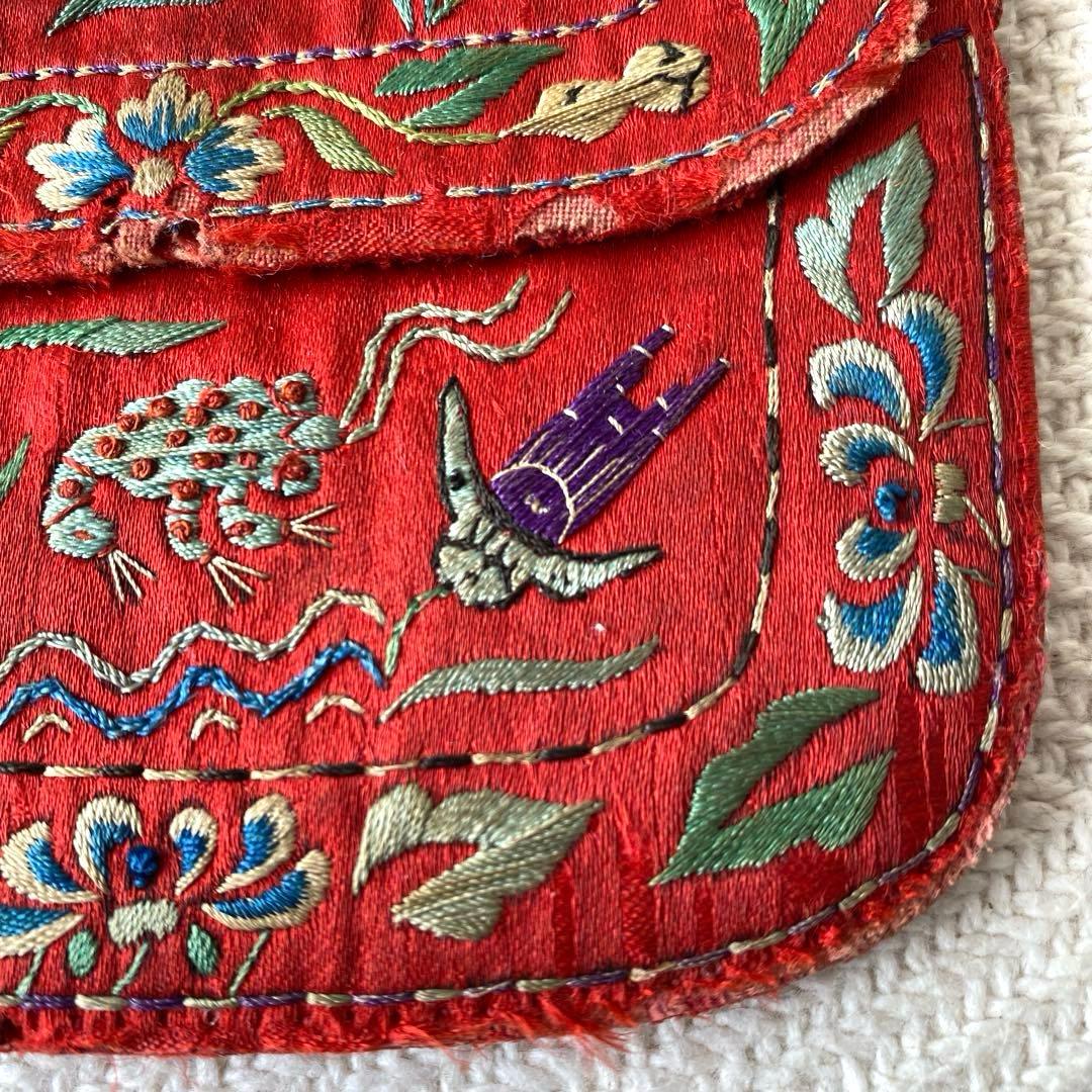 アンティーク シルクロード チャイナ チベット 赤シルク古刺繍 3口袋 時代物
