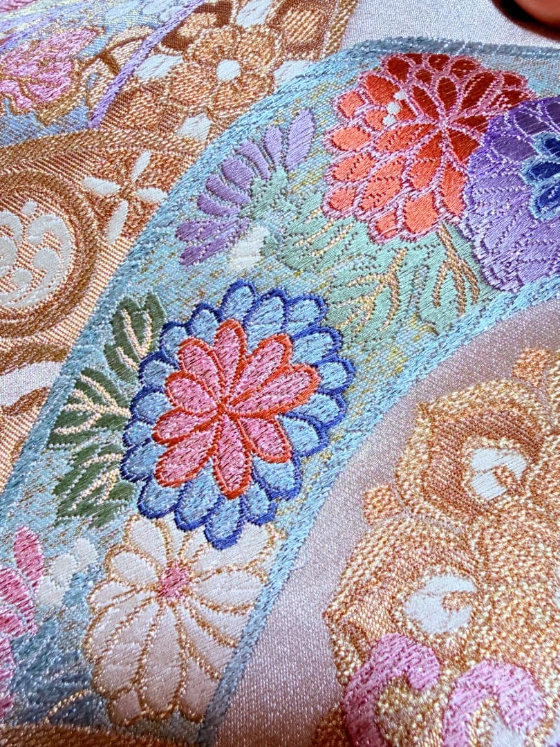 高級 袋帯 正絹 六通柄 宝尽くし シャンパンゴールド 扇文 訪問着 色無地