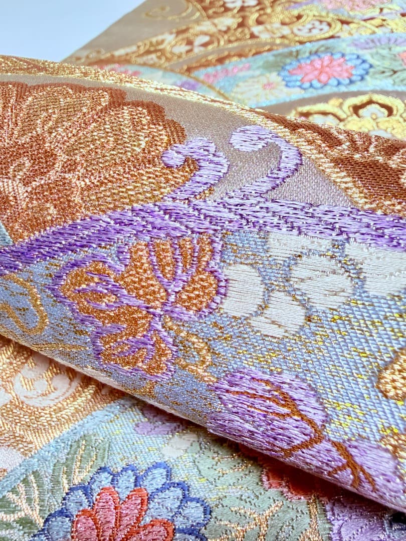 高級 袋帯 正絹 六通柄 宝尽くし シャンパンゴールド 扇文 訪問着 色無地