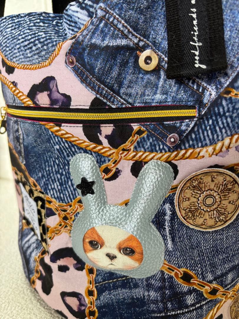 そ*2様 コヤンイサムチョン　ハンドメイド　丸底トートバッグ　デニムヒョウ柄　ア
