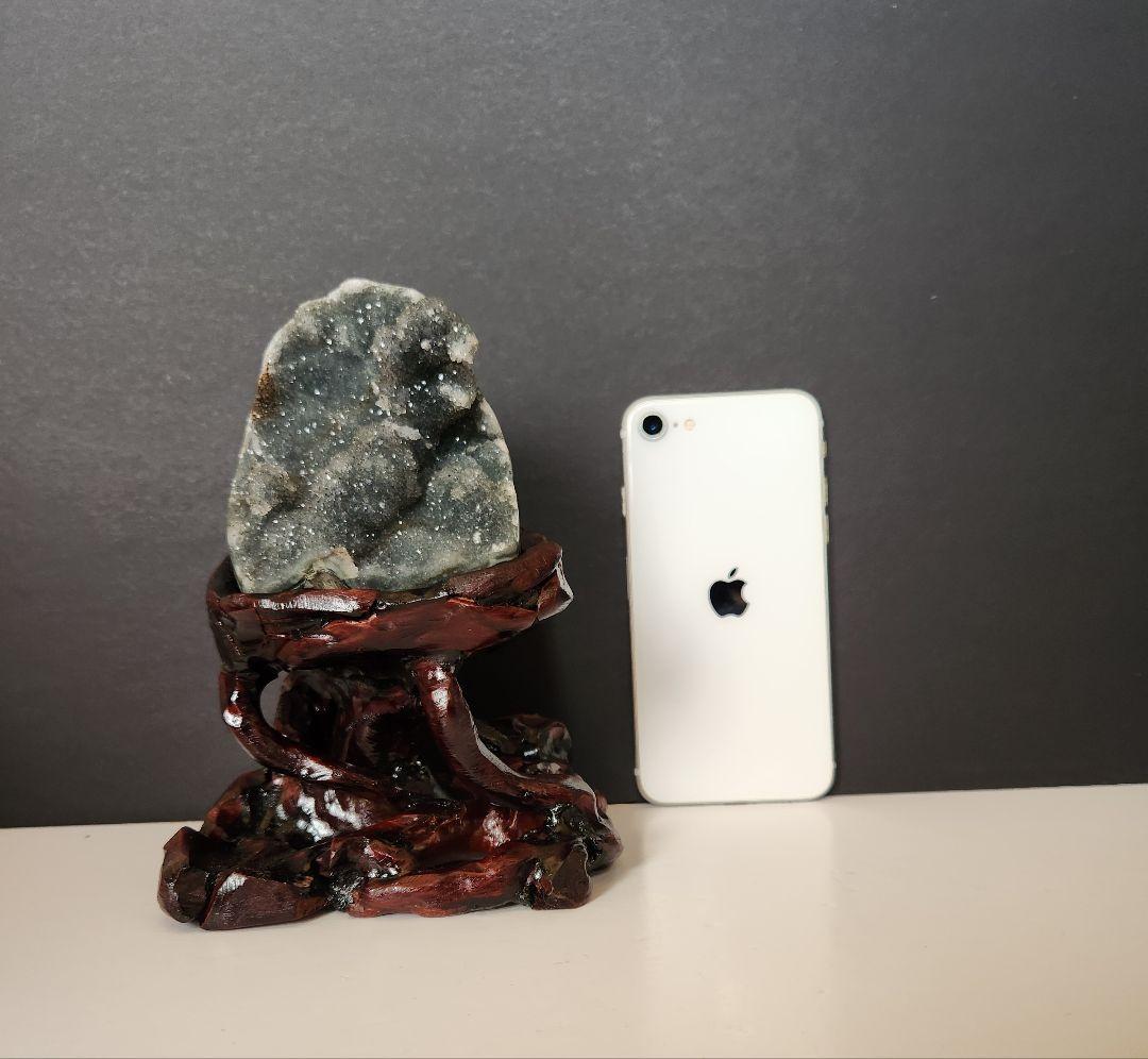 珍しい グリーン アメジストクラスター 置物 天然石 木台座付き