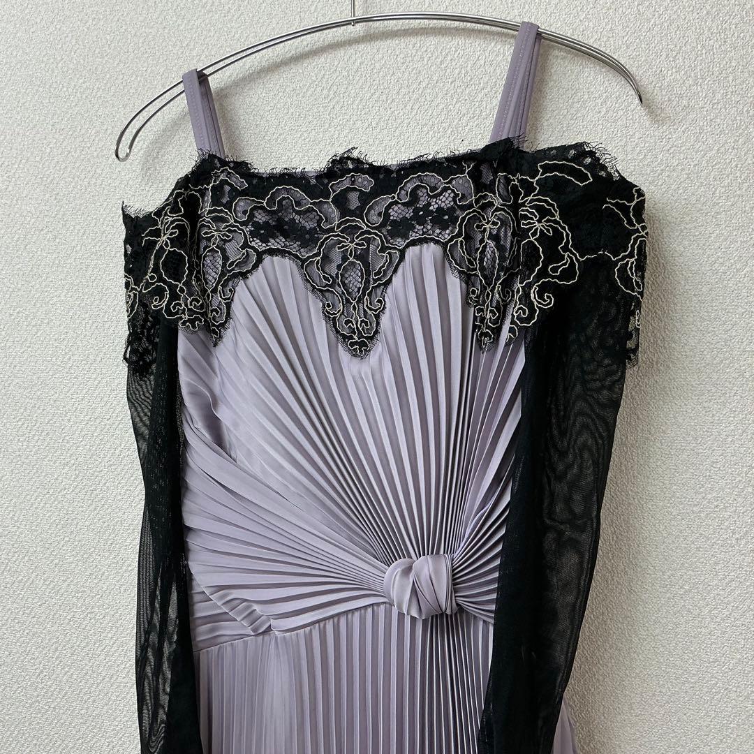 薄紫色 プリーツドレス レース装飾