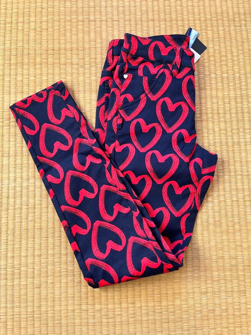 新品　PGレディース ゴルフパンツS ハート柄 ストレッチ ネイビー/レッド