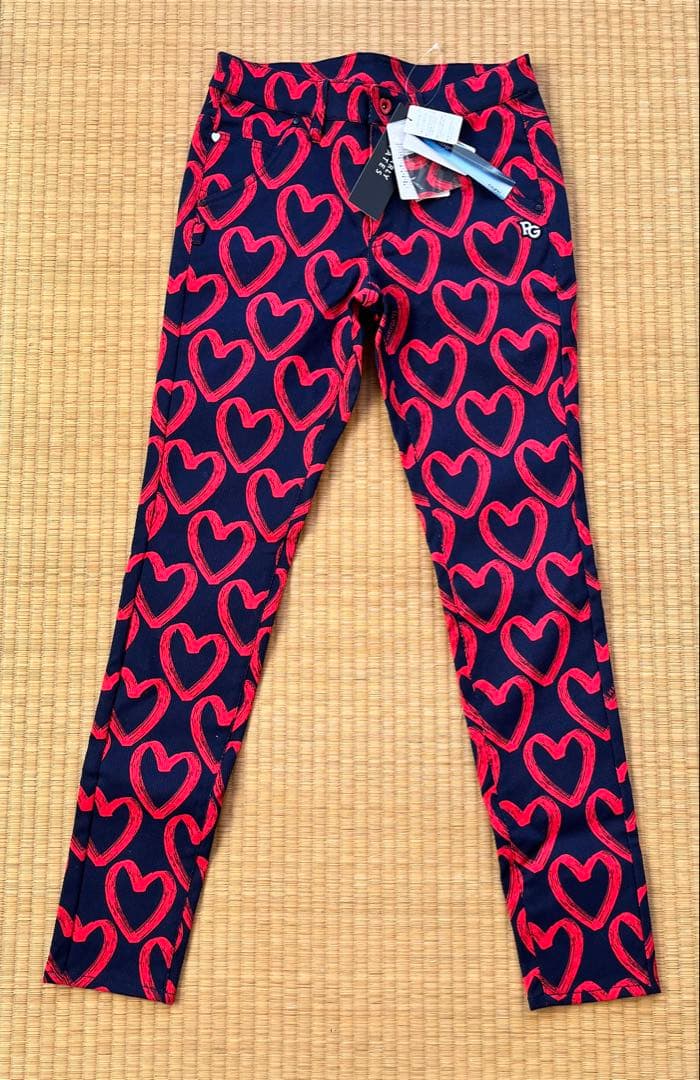 新品　PGレディース ゴルフパンツS ハート柄 ストレッチ ネイビー/レッド