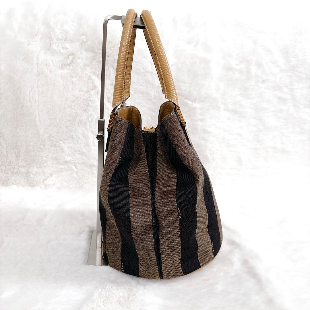 フェンディ ハンドバッグ ペカン バケツ型 キャンバス レザー ストライプ 希少
