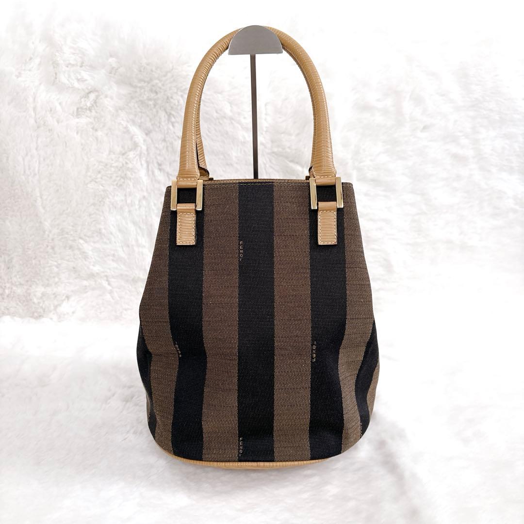 フェンディ ハンドバッグ ペカン バケツ型 キャンバス レザー ストライプ 希少