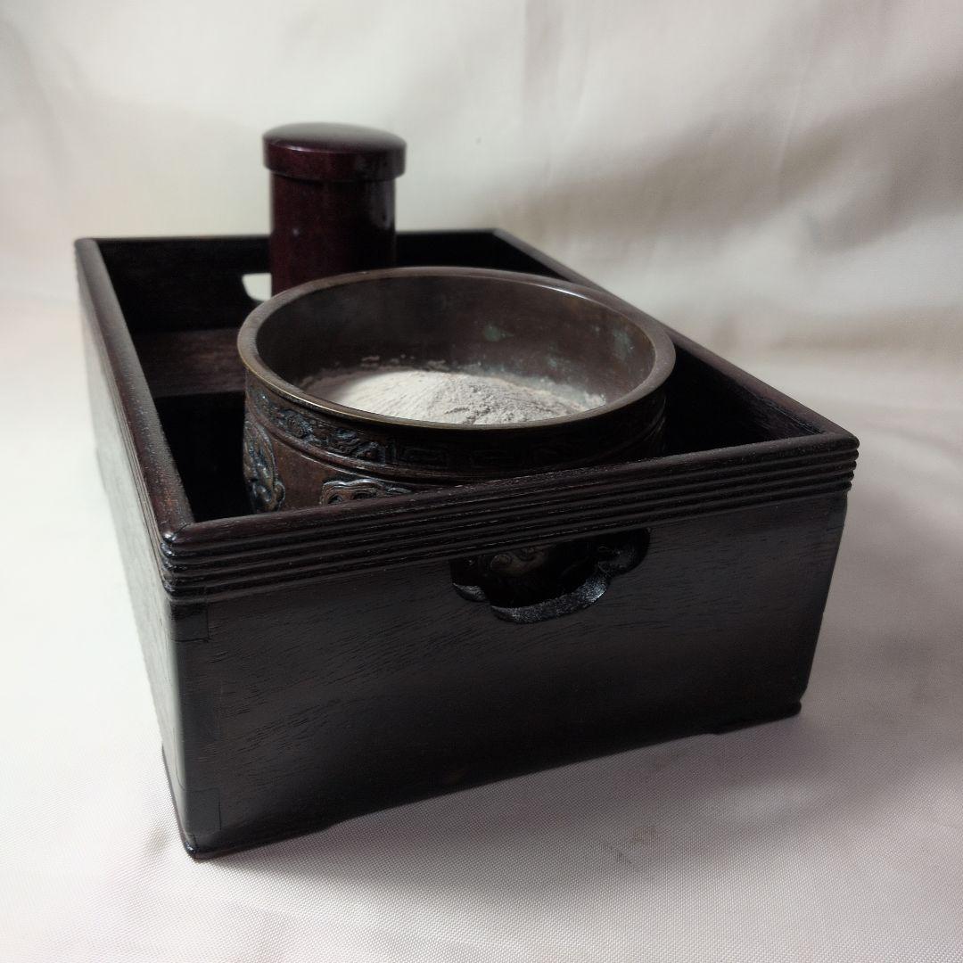 煙草盆　唐木　銅（龍の図）火入れ