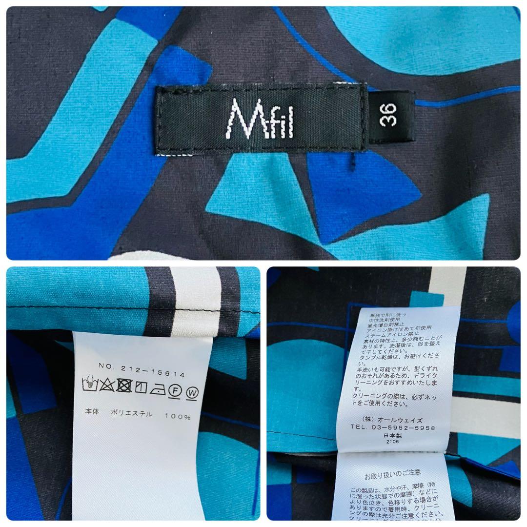 M fill ボウタイブラウス　幾何学模様　シャツ　比翼ボタン　青系